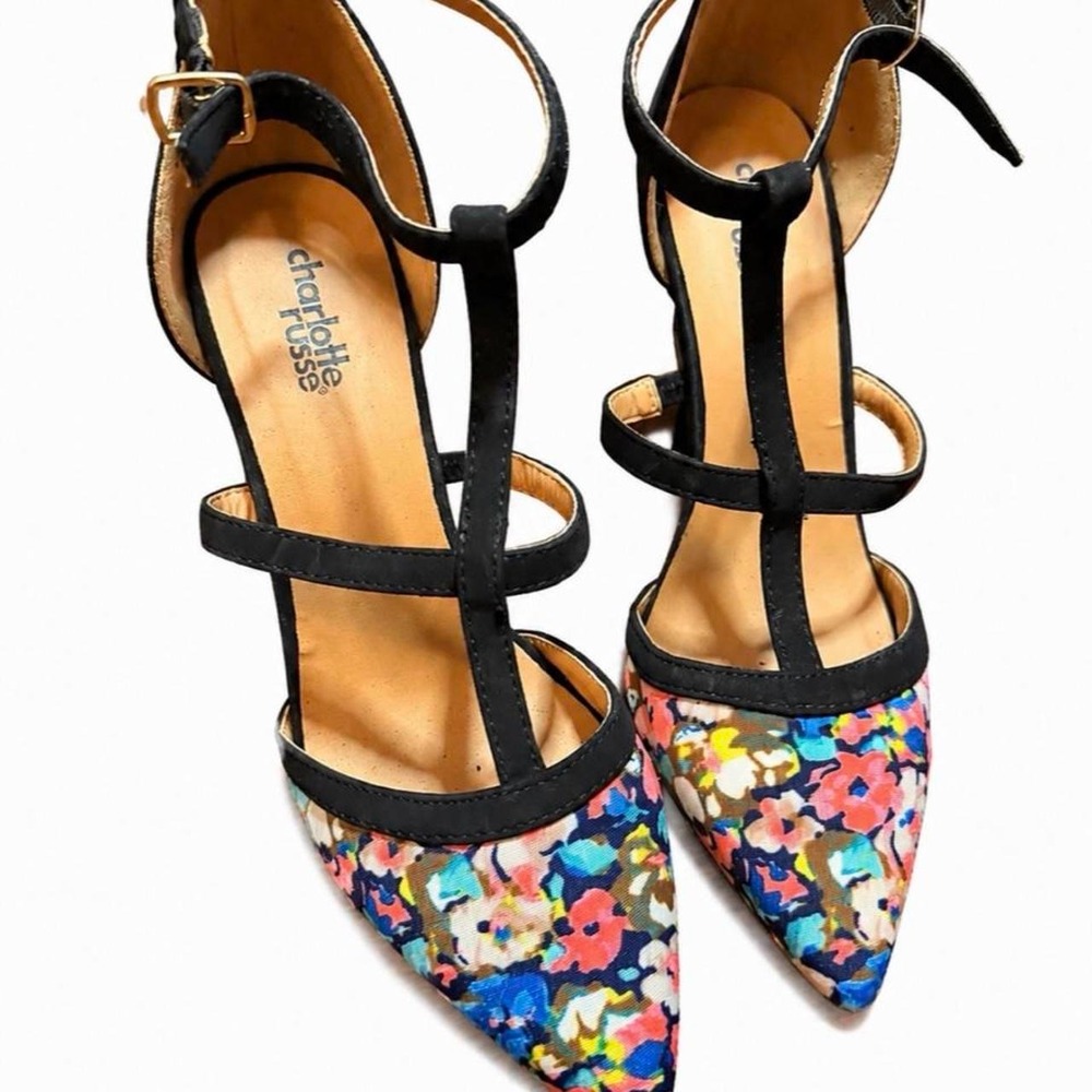Charlotte Russe Floral T-Strap Pointed Toe Heels – Size 7